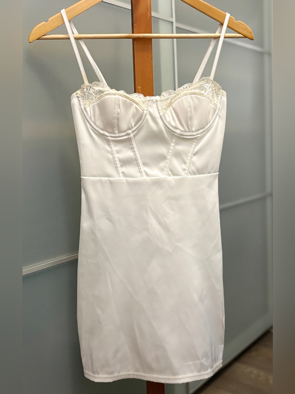 White Satin Corset Mini Dress Lace Trim Bustier Bridall Cami Slip Y2K Coquette
